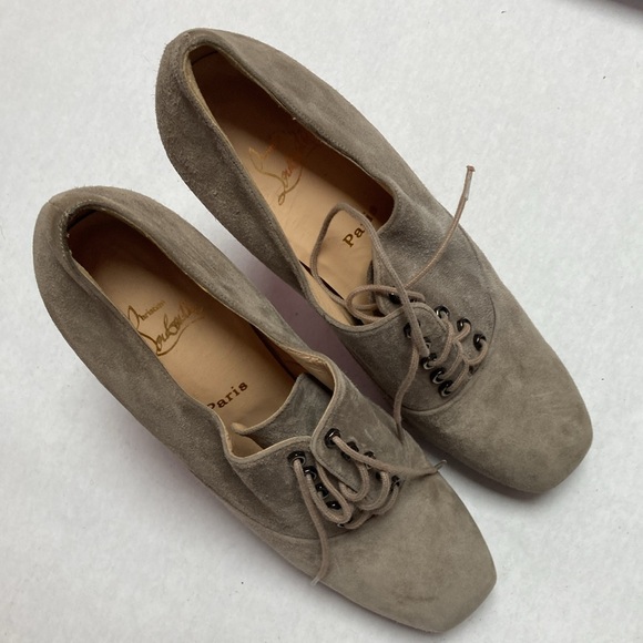 Christian Louboutin taupe gray suede platform heel square toe booties shoe 41 10 - Picture 2 of 6